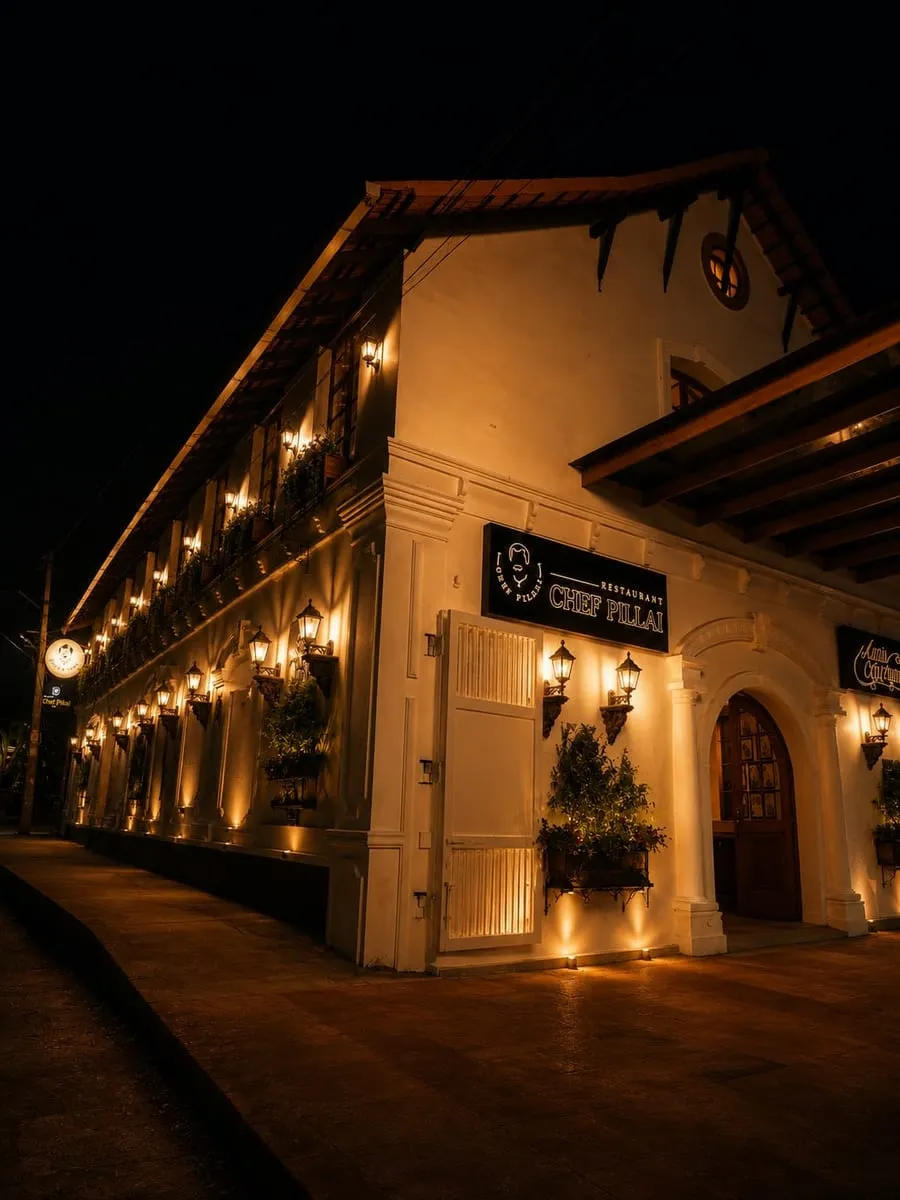 Candlelit exterior of a Restaurant Chef Pillai outlet at night