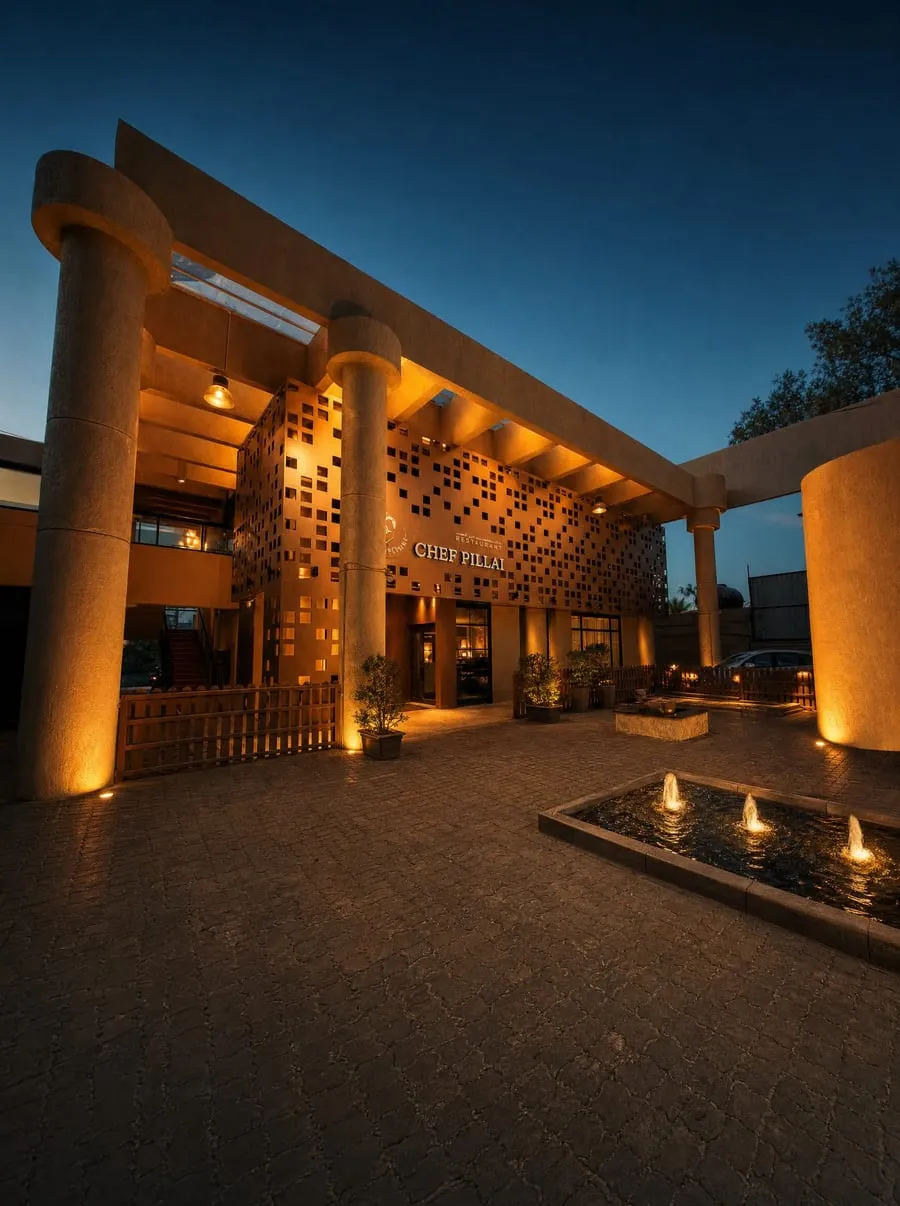Restaurant entrance with warm lighting at dusk