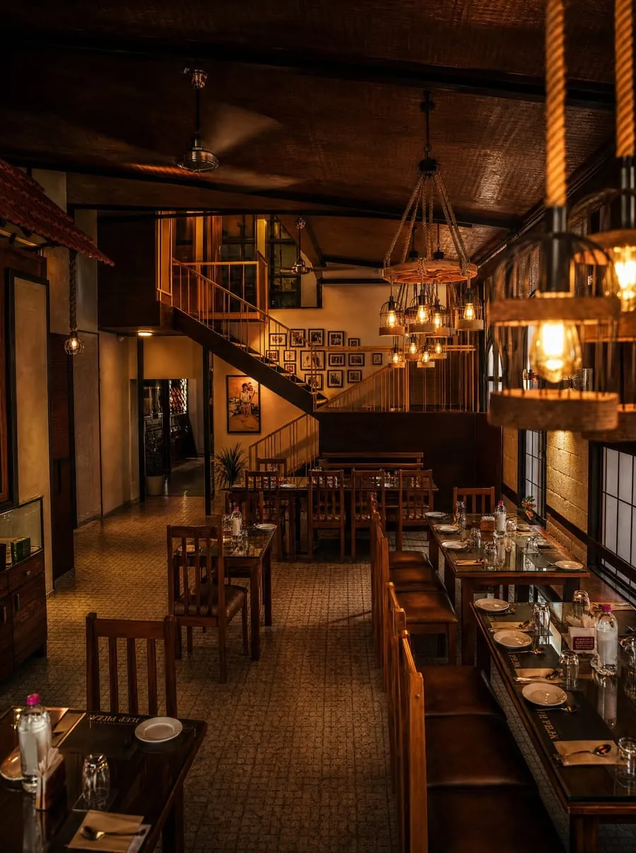 Heritage-style dining room with a staircase and lanterns