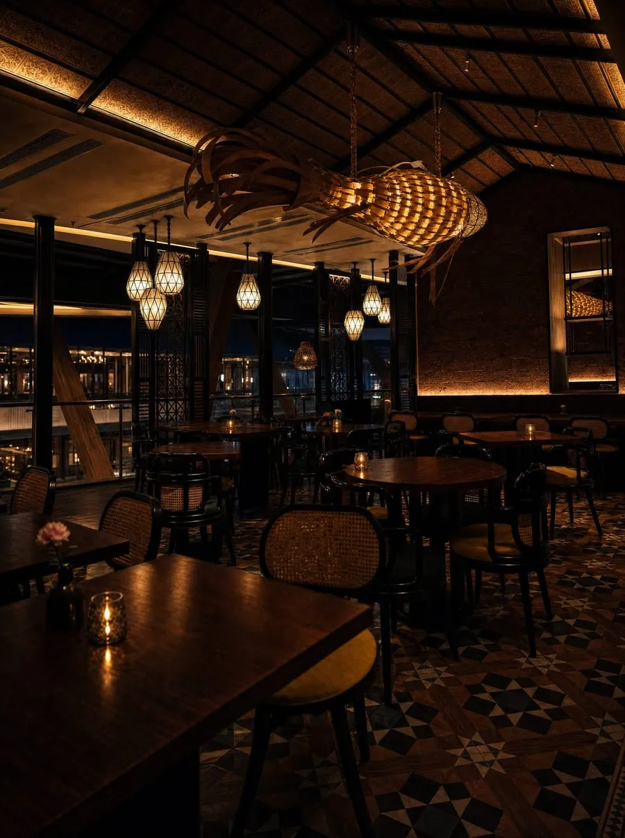 Evening dining room with hanging lanterns