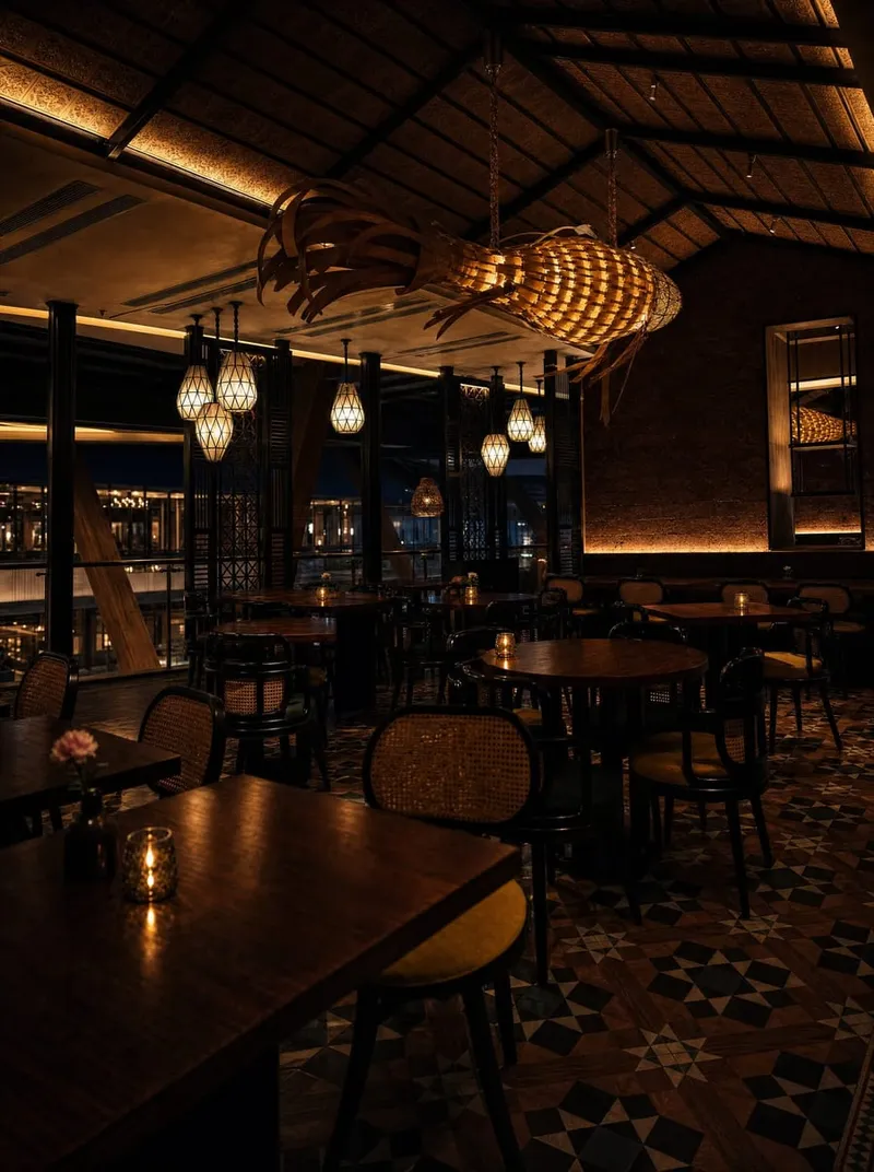 Evening dining room with hanging lanterns