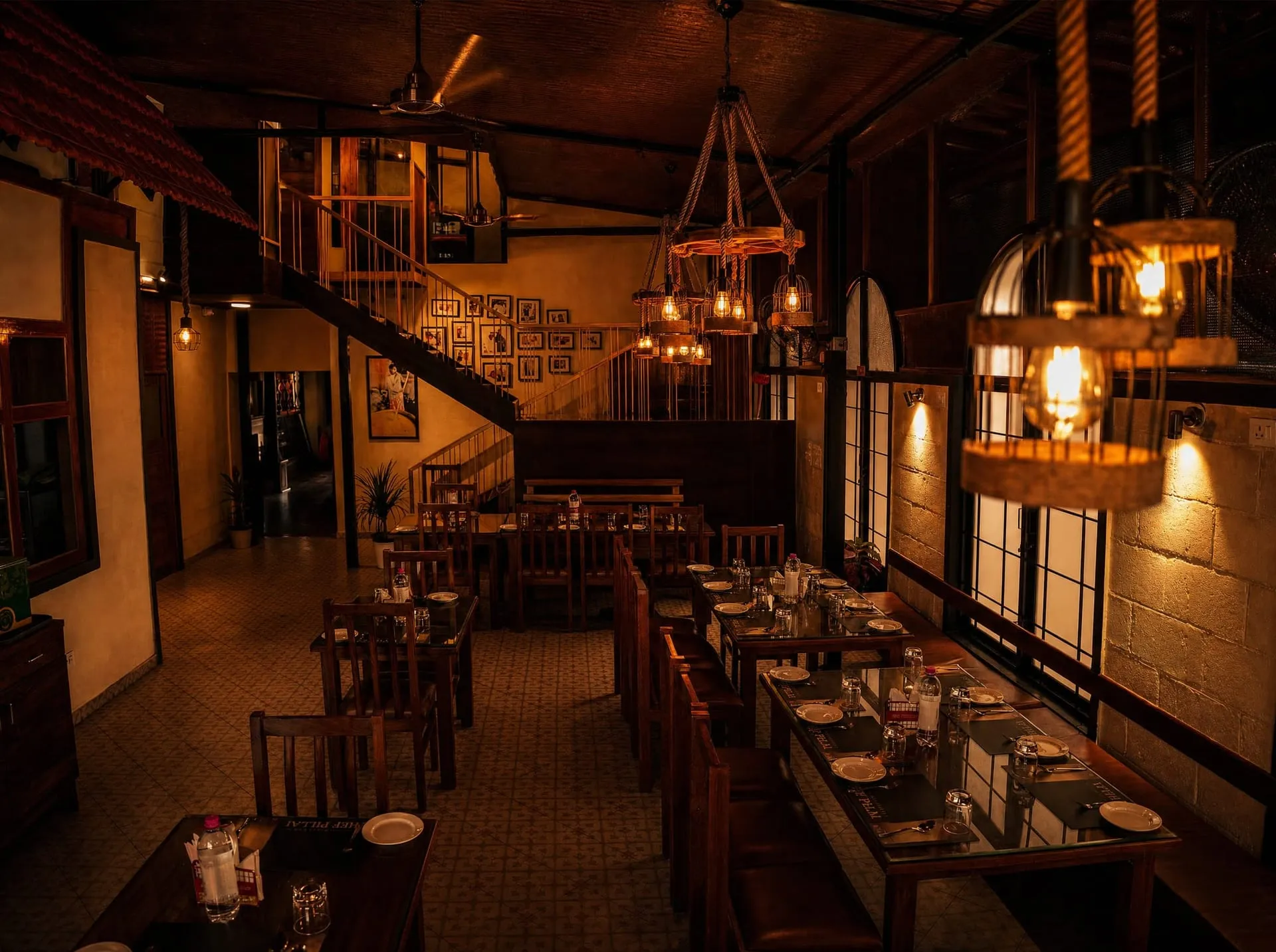 Open dining hall with a glowing ceiling feature